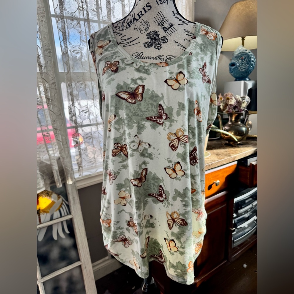 Warehouse Green and Brown Ruched, Sleeveless Tank Top